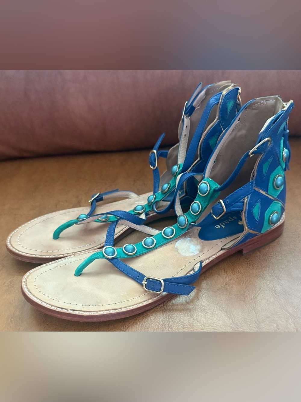 Kate Spade New York Soto Flat Sandals Blue Green Studded Leather Size 7.5 - Picture 4 of 10